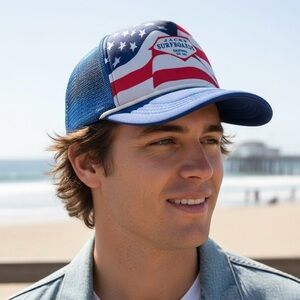VINTAGE Y2K Jack's Surfboards Trucker Hat Proud American Flag Mesh Snapback Cap